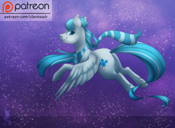 Size: 1100x800 | Tagged: safe, artist:silentwulv, oc, oc only, species:pegasus, species:pony, clothing, flying, night, patreon, patreon logo, scarf, solo