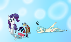 Size: 3000x1800 | Tagged: safe, artist:dragonpone, derpibooru original, character:coco pommel, character:rarity, character:trixie, species:pony, species:unicorn, basket, clothing, female, hat, mare, pincushion, plushie, ribbon, rock, socks, thigh highs, thread, trip
