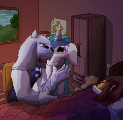 Size: 1024x1002 | Tagged: safe, artist:firefanatic, character:princess celestia, bed, crossover, crying, frisk, sleeping, toriel, undertale