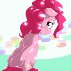 Size: 1000x1000 | Tagged: safe, artist:ushiro no kukan, character:pinkie pie, species:pony, bedroom eyes, bipedal, cute, diapinkes, female, floppy ears, hooves behind back, looking back, smiling, solo