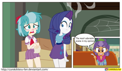 Size: 2797x1635 | Tagged: safe, artist:conikiblasu-fan, character:coco pommel, character:plaid stripes, character:rarity, episode:the saddle row review, g4, my little pony: friendship is magic, my little pony:equestria girls, belly button, bucktooth, clothing, cold, equestria girls interpretation, equestria girls-ified, looking at you, manehattan, midriff, open mouth, plaid, plaidabetes, pleated skirt, restaurant, scene interpretation, sick, sitting, skirt, smiling, sneezing, spoon, table, teary eyes, tissue