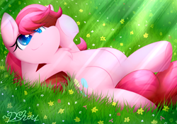 Size: 2000x1400 | Tagged: safe, artist:dshou, character:pinkie pie, crepuscular rays, female, signature, solo, yet another pinkie blog