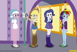 Size: 3783x2539 | Tagged: safe, artist:conikiblasu-fan, character:aloe, character:applejack, character:rainbow dash, character:rarity, episode:applejack's day off, my little pony:equestria girls, applejack day, bathrobe, boots, breasts, clothing, cowboy hat, cute, dashabetes, denim skirt, dress, engineer, equestria girls interpretation, equestria girls-ified, female, fixing, goggles, hammer, hat, high heel boots, high heels, legs, mouth hold, open mouth, pipe (plumbing), pouch, scene interpretation, shoes, side slit, skirt, slippers, spa, stetson, tank slippers, tape