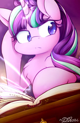 Size: 1250x1920 | Tagged: safe, artist:dshou, character:starlight glimmer, species:pony, species:unicorn, book, chest fluff, female, library, mare, signature, solo
