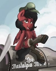 Size: 2064x2591 | Tagged: safe, artist:saxopi, oc, oc only, oc:nostalgia mare, species:pegasus, species:pony, boots, lip bite, pinup, plane, red and black oc, solo