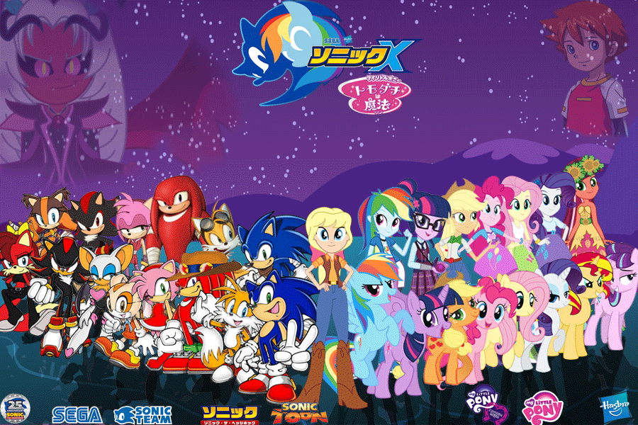 Size: 900x600 | Tagged: safe, artist:trungtranhaitrung, character:applejack, character:fluttershy, character:gloriosa daisy, character:megan williams, character:pinkie pie, character:rainbow dash, character:rarity, character:sonic the hedgehog, character:starlight glimmer, character:sunset shimmer, character:twilight sparkle, character:twilight sparkle (alicorn), character:twilight sparkle (scitwi), oc, oc:princess dark matter, species:alicorn, species:eqg human, species:fox, species:pony, species:unicorn, equestria girls:legend of everfree, g1, g4, my little pony: equestria girls, my little pony:equestria girls, amy rose, chris thorndyke, clothing, cream the rabbit, crossover, crystal prep academy uniform, equestria girls logo, fiona fox, hasbro, humane five, humane six, japanese, knuckles the echidna, logo, mane six, miles "tails" prower, my little pony logo, rouge the bat, school uniform, sega, shadow the hedgehog, sonic boom, sonic team, sonic the hedgehog (series), sonic x, spin off, sticks the badger