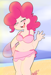 Size: 2737x3953 | Tagged: safe, artist:befishproductions, character:pinkie pie, species:human, bikini, blush sticker, blushing, breasts, busty pinkie pie, chubby, clothing, female, humanized, plump, signature, solo, swimsuit