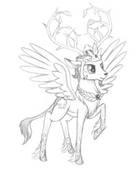 Size: 900x1138 | Tagged: safe, artist:sirzi, oc, oc only, oc:prince vernalis, species:deer, species:peryton, branches for antlers, deer oc, eikerren, monochrome, non-pony oc, original species, raised hoof, solo, traditional art, wings