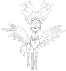 Size: 800x863 | Tagged: safe, artist:sirzi, oc, oc only, oc:prince vernalis, species:deer, branches for antlers, deer oc, eikerren, eyes closed, grayscale, male, monochrome, pencil drawing, solo, spread wings, stag, traditional art, wings