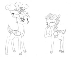 Size: 1000x833 | Tagged: safe, artist:sirzi, oc, oc only, species:deer, species:peryton, cloud, deer oc, doe, duo, grayscale, monochrome, simple background, traditional art, white background