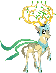 Size: 2000x2634 | Tagged: safe, artist:sirzi, oc, oc only, oc:prince vernalis, species:bird, species:deer, species:peryton, species:pony, antlers, branches for antlers, cervine, clothing, crown, deer oc, eikerren, emerald, facial hair, goatee, horns, hybrid, jewelry, leaves, looking at you, male, non-pony oc, original species, raised hoof, regalia, ribbon, scarf, simple background, solo, transparent background, wings