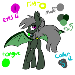 Size: 700x700 | Tagged: safe, artist:askhypnoswirl, oc, oc only, oc:maraco arco, species:bat pony, species:pony, collar, glowing tongue, plot, reference sheet, solo, tail ring, tongue out