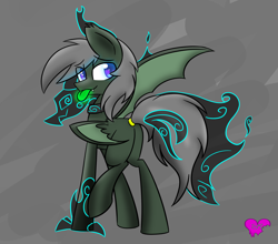 Size: 1280x1128 | Tagged: safe, artist:askhypnoswirl, oc, oc only, oc:iruuka, oc:maraco arco, species:bat pony, species:dragon, species:pony, collar, fangs, ghost, glowing eyes, glowing tongue, plot, possessed, smiling, solo, tail ring, tongue out