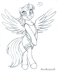 Size: 729x917 | Tagged: safe, artist:brianblackberry, character:twilight sparkle, character:twilight sparkle (alicorn), species:alicorn, species:pony, bipedal, bottomless, clothing, cute, dialogue, female, grayscale, looking at you, mare, monochrome, partial nudity, semi-anthro, shirt pull, smiling, solo, spread wings, stockings, twiabetes, wings