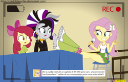 Size: 2543x1629 | Tagged: safe, artist:conikiblasu-fan, character:apple bloom, character:fluttershy, character:zecora, my little pony:equestria girls, boots, breasts, clothing, convention, crossed legs, equestria girls interpretation, equestria girls-ified, female, hotdiggedydemon, innocence.mov, legs, maggie vera, microphone, open mouth, recorder, recording, scene interpretation, skirt, skirt lift, socks, spanish, stupid sexy fluttershy, tank top, thighs, translated in the description
