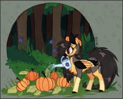 Size: 719x581 | Tagged: safe, artist:tenebristayga, oc, oc only, food, forest, gardening, mouth hold, pumpkin, solo, tree