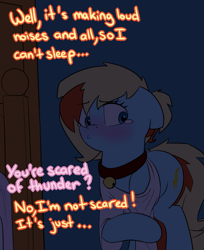 Size: 1139x1397 | Tagged: safe, artist:victoreach, oc, oc only, oc:honey wound, astraphobia, bedroom, blushing, clothing, collar, crying, cute, fear, night, pouting, solo, storm