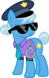 Size: 1024x1630 | Tagged: safe, artist:blah23z, edit, character:copper top, character:trixie, species:earth pony, species:pony, species:unicorn, episode:the gift of the maud pie, g4, my little pony: friendship is magic, color edit, colored, female, hand cuffs, mare, necktie, police, police officer, police uniform, recolor, simple background, solo, sunglasses