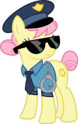 Size: 1024x1630 | Tagged: safe, artist:blah23z, edit, character:copper top, character:fluttershy, clothing, color edit, colored, female, guffs, hand cuffs, hat, necktie, police, police officer, police uniform, recolor, solo, sunglasses