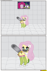 Size: 1457x2206 | Tagged: safe, artist:conikiblasu-fan, character:fluttershy, character:pinkie pie, character:spike, species:dog, .mov, my little pony:equestria girls, bondage, boots, chainsaw, clothing, equestria girls interpretation, equestria girls-ified, hotdiggedydemon, miniskirt, scene interpretation, shed.mov, shoes, sitting, skirt, socks, spike the dog, tank top, thighs, upskirt denied