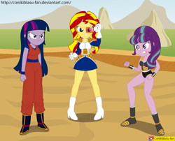 Size: 3632x2938 | Tagged: safe, artist:conikiblasu-fan, character:starlight glimmer, character:sunset shimmer, my little pony:equestria girls, crossover, dragon ball z, equestria girls-ified, goku, nappa, over 9000, vegeta