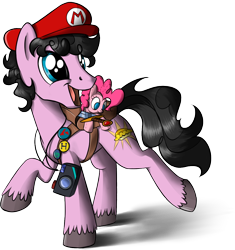 Size: 1000x1065 | Tagged: safe, artist:sirzi, character:pinkie pie, oc, camera, cap, clothing, duo, hat, mario's hat, plushie, simple background, sword, transparent background, unshorn fetlocks, weapon