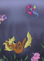 Size: 1100x1500 | Tagged: safe, artist:silbersternenlicht, character:applejack (g1), species:pony, species:sea pony, g1, g1 to g4, generation leap, tail bow, underwater