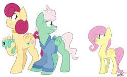 Size: 4500x2716 | Tagged: safe, artist:befishproductions, character:fluttershy, character:gentle breeze, character:posey shy, character:zephyr breeze, species:pony, baby, baby pony, butterfly, colt, cute, filly, filly fluttershy, insect on nose, male, shys, signature, simple background, the shy family, transparent background, younger
