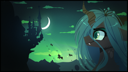 Size: 1920x1080 | Tagged: safe, artist:tenebristayga, character:queen chrysalis, species:changeling, canterlot, changeling queen, crescent moon, female, fluffy, green sky, invasion, moon, night, sky