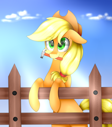 Size: 3000x3400 | Tagged: safe, artist:ohhoneybee, character:applejack, species:earth pony, species:pony, bipedal, bipedal leaning, cloud, crepuscular rays, cute, female, fence, floppy ears, hammer, jackabetes, looking up, mare, mouth hold, reflection, sky, smiling, solo