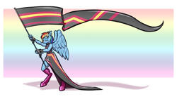 Size: 1920x1080 | Tagged: safe, artist:krd, character:rainbow dash, species:anthro, species:unguligrade anthro, alternate hairstyle, clothing, collar, cuffs, dress, female, flag, latex, latex dress, piercing, pride, pride flag, rubber, rubber pride flag, socks, solo