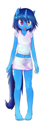 Size: 670x1800 | Tagged: safe, artist:hoodie, oc, oc only, oc:win, species:anthro, species:plantigrade anthro, species:pony, species:unicorn, barefoot, belly button, bipedal, clothing, cute, feet, heterochromia, legs, midriff, miniskirt, ocbetes, shirt, simple background, skirt, solo, toes, white background