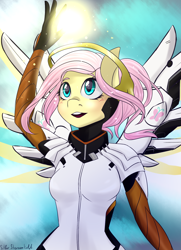Size: 1300x1800 | Tagged: safe, artist:silbersternenlicht, character:fluttershy, species:anthro, clothing, cosplay, crossover, female, mercy, mercyshy, open mouth, orb, overwatch, signature, solo