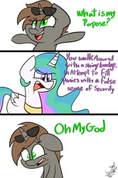 Size: 639x960 | Tagged: safe, artist:befishproductions, character:princess celestia, oc, oc:order compulsive, comic, crossover, dialogue, rick and morty, signature, something ricked this way comes, sunglasses