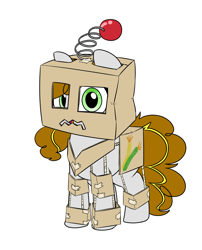 Size: 1210x1500 | Tagged: safe, artist:victoreach, oc, oc only, oc:haywire, species:earth pony, species:pony, :d, antennae, cardboard box, clothing, commission, costume, cute, female, filly, happy, open mouth, robot, simple background, smiling, solo, tape, white background