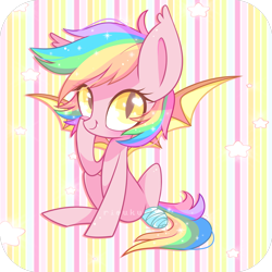 Size: 1700x1700 | Tagged: safe, artist:riouku, oc, oc only, oc:paper stars, species:bat pony, species:pony, amputee, bandage, cute, cute little fangs, ear fluff, fangs, female, looking at you, one eye closed, paperbetes, sitting, smiling, solo, stars, wink