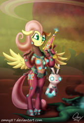 Size: 800x1171 | Tagged: safe, artist:omny87, character:angel bunny, character:fluttershy, species:anthro, species:rabbit, species:unguligrade anthro, blaster, energy weapon, floating, gun, planet, retro, robot, scared, science fiction, signature, space, space suit, weapon