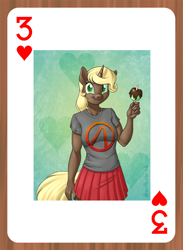 Size: 548x748 | Tagged: safe, artist:brianblackberry, oc, oc only, oc:marina, species:anthro, species:pony, species:unicorn, anthro oc, apple, borderlands, candy apple (food), clothing, food, playing card, pleated skirt, shirt, skirt, solo