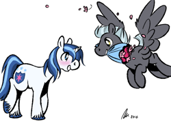 Size: 500x375 | Tagged: safe, artist:rwl, character:shining armor, character:thunderlane, species:pegasus, species:pony, species:unicorn, blushing, bouquet, crack shipping, flower, flower in mouth, flying, gay, infidelity, infidelity armor, looking at each other, male, mouth hold, raised leg, shininglane, shipping, simple background, smiling, spread wings, stallion, white background, wings