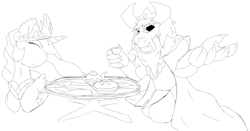 Size: 7809x4088 | Tagged: safe, artist:firefanatic, character:princess celestia, species:alicorn, species:pony, absurd resolution, asgore dreemurr, black and white, crossover, duo, fluffy, food, grayscale, monochrome, pie, rough sketch, tea, undertale