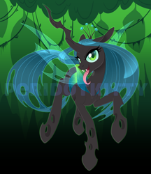 Size: 950x1101 | Tagged: safe, artist:silkensaddle, character:queen chrysalis, species:changeling, cat eyes, changeling queen, cheeselegs, eyelashes, fangs, female, looking at you, solo, tongue out, watermark