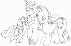 Size: 1024x662 | Tagged: safe, artist:capnchryssalid, artist:latecustomer, character:prince blueblood, character:rarity, character:sweetie belle, ship:rariblood, female, male, pencil drawing, shipping, straight, traditional art