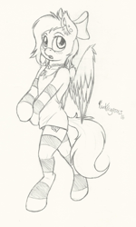 Size: 1149x1920 | Tagged: safe, artist:punk-pegasus, oc, oc only, oc:fearingfun, species:pegasus, species:pony, blushing, clothing, crossdressing, dress, embarrassed, hair bow, looking at you, monochrome, open mouth, semi-anthro, shirt pull, sketch, socks, solo, traditional art, worried