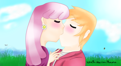 Size: 1002x551 | Tagged: safe, artist:wrath-marionphauna, character:big mcintosh, character:cheerilee, species:human, ship:cheerimac, blushing, ear piercing, earring, eyes closed, female, humanized, jewelry, kissing, male, piercing, shipping, straight
