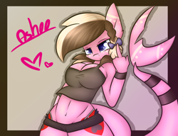 Size: 3000x2300 | Tagged: safe, artist:ashee, oc, oc only, oc:ashee, species:anthro, belly button, breasts, cleavage, clothing, female, middle finger, midriff, original species, panties, shark pony, shorts, tank top, thong, underwear