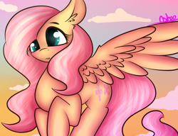 Size: 3000x2300 | Tagged: safe, artist:ashee, character:fluttershy, blushing, female, flying, solo, sunset