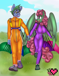 Size: 1280x1656 | Tagged: safe, artist:ladypixelheart, oc, oc only, oc:software patch, oc:windcatcher, species:anthro, anthro oc, breasts, clothing, commission, dragging, female, glasses, holding hands, jumpsuit, male, oc x oc, parachute, shipping, shoes, sneakers, straight, walking, windpatch