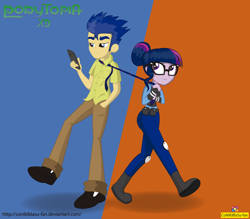 Size: 3442x3021 | Tagged: safe, artist:conikiblasu-fan, character:flash sentry, character:twilight sparkle, character:twilight sparkle (scitwi), species:eqg human, my little pony:equestria girls, clothing, crossover, disney, judy hopps, nick wilde, pants, phone, police officer, police uniform, shoes, smartphone, tugging, zootopia