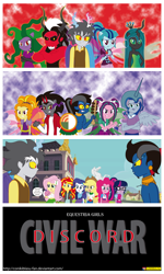 Size: 3435x5707 | Tagged: safe, artist:conikiblasu-fan, character:adagio dazzle, character:ahuizotl, character:applejack, character:aria blaze, character:discord, character:fluttershy, character:king sombra, character:lord tirek, character:mane-iac, character:pinkie pie, character:princess luna, character:queen chrysalis, character:rainbow dash, character:rarity, character:sonata dusk, character:sunset shimmer, character:twilight sparkle, character:twilight sparkle (scitwi), character:vice principal luna, species:eqg human, my little pony:equestria girls, absurd resolution, canterlot high, captain america: civil war, clothing, equestria girls-ified, humane five, marvel, parody, ponied up, poster, the dazzlings, topless, vice principal luna
