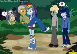 Size: 5279x3721 | Tagged: safe, artist:conikiblasu-fan, character:daring do, character:quibble pants, character:rainbow dash, character:soarin', character:zephyr breeze, ship:quibbledash, episode:stranger than fanfiction, my little pony:equestria girls, absurd resolution, blushing, boots, bridal carry, carrying, clothing, compression shorts, crying, cute, equestria girls interpretation, equestria girls-ified, female, harem, hat, heartbreak, holding, male, miniskirt, open mouth, pants, question mark, rainbow dash gets all the stallions, scene interpretation, shipping, shipping denied, shoes, shorts, skirt, sneakers, socks, straight, this ended in tears